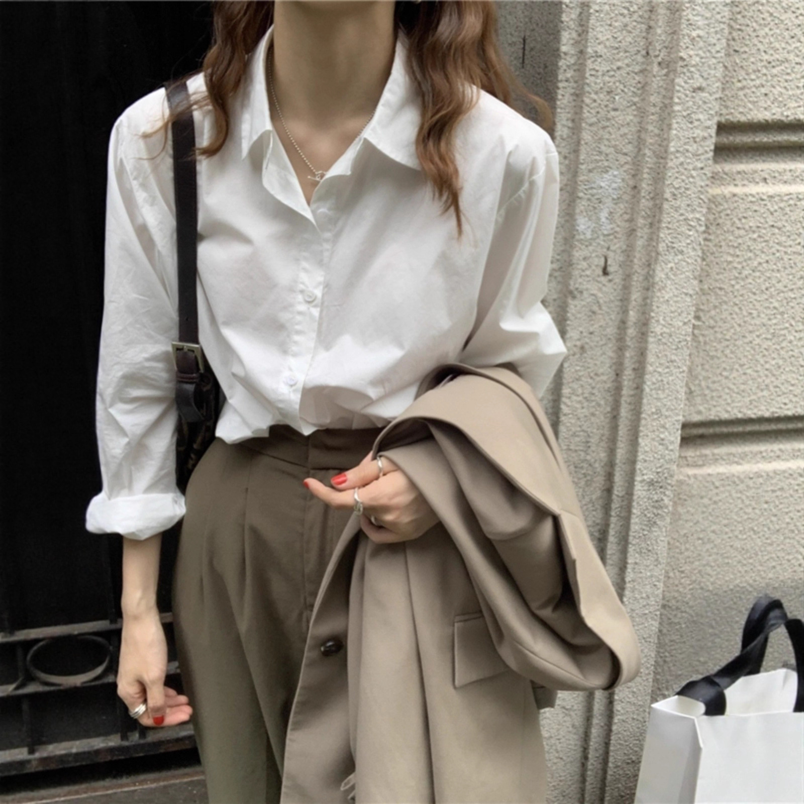 Spring and autumn new pure cotton white shirt for women, Korean style loose, versatile, slimming, temperament shirt, top, fashionable bottoming shirt