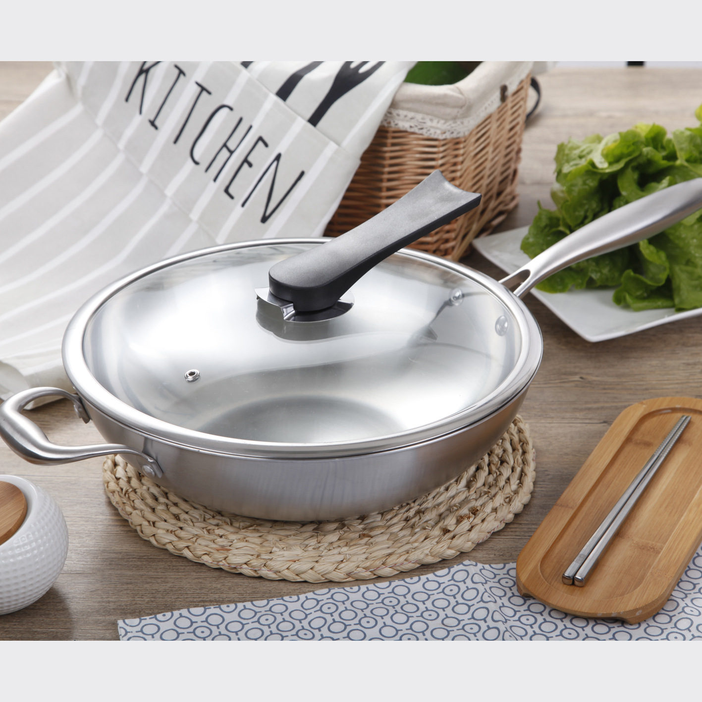 No oil smoke, non-stick, uncoated 304 stainless steel three-layer steel five-layer steel wok kitchen supplies exhibition gift pot