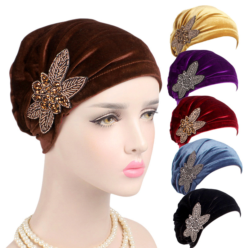 New beaded flower accessories turban hat velvet pleated pullover hat chemotherapy hat TJM-238E