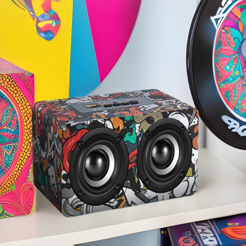 Creative gift graffiti wooden Bluetooth speaker portable card audio BRIC gift digital small speaker