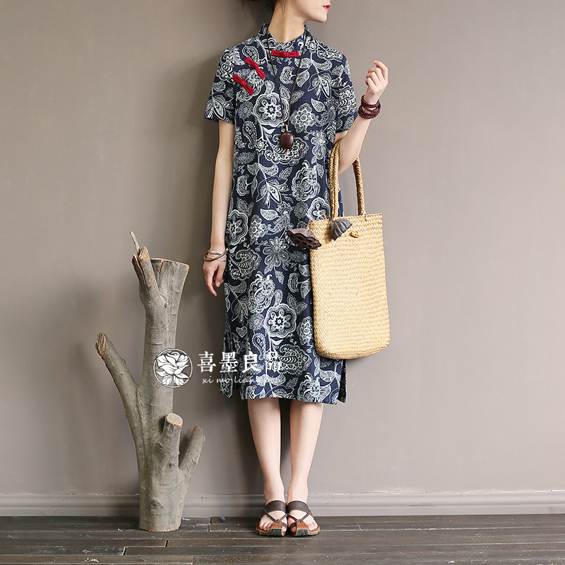 1855 Ximo Original Summer New Retro Blue Printed Cloth Button Slit Short Sleeve Dress Cheongsam