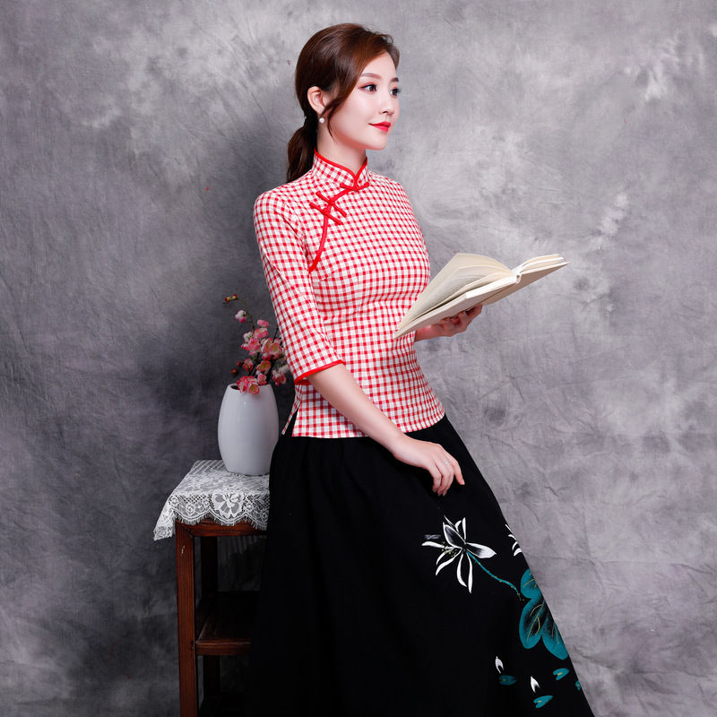 Plaid cheongsam suit traditional retro mid-sleeve spring and autumn new spring and autumn Chinese ethnic style ancient costume tea suit for women Tang suit