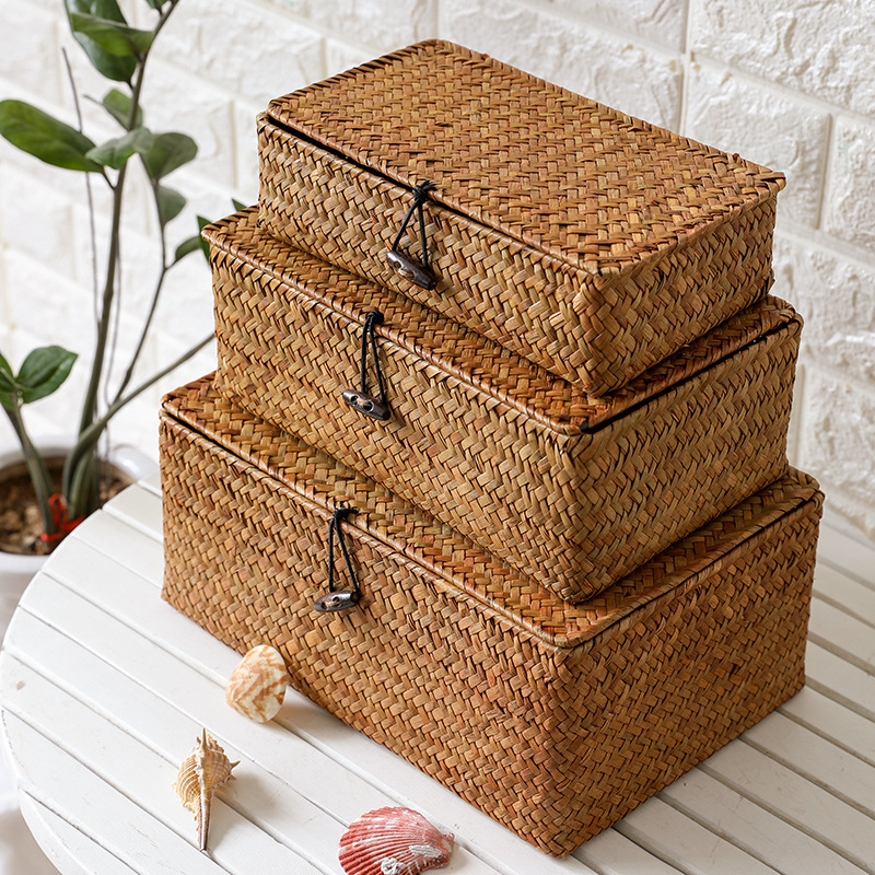 Straw covered storage box desktop organizer home creative handwoven packaging box gift box non-rattan