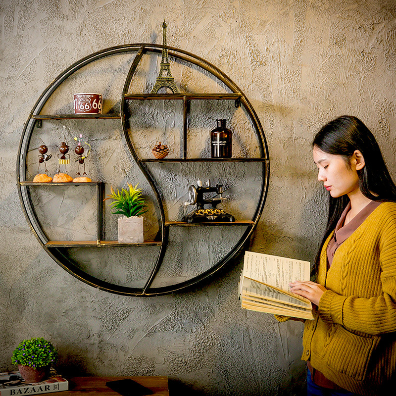 Industrial style wall shelf home multi-layer solid wood bookshelf round bagua wall hanging retro iron wall decoration