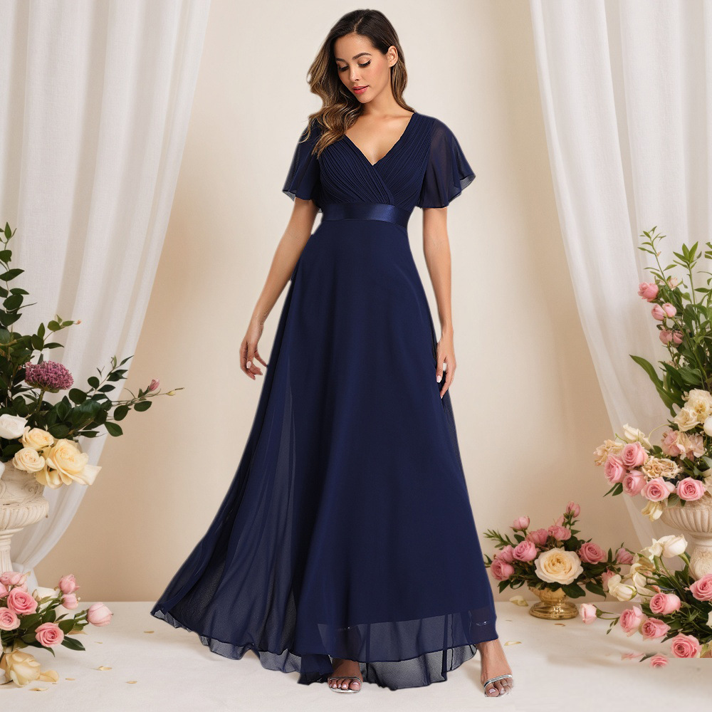 25 spring and summer hand-folded double V-neck trumpet sleeve dress elastic chiffon banquet bridesmaid plus size evening dress