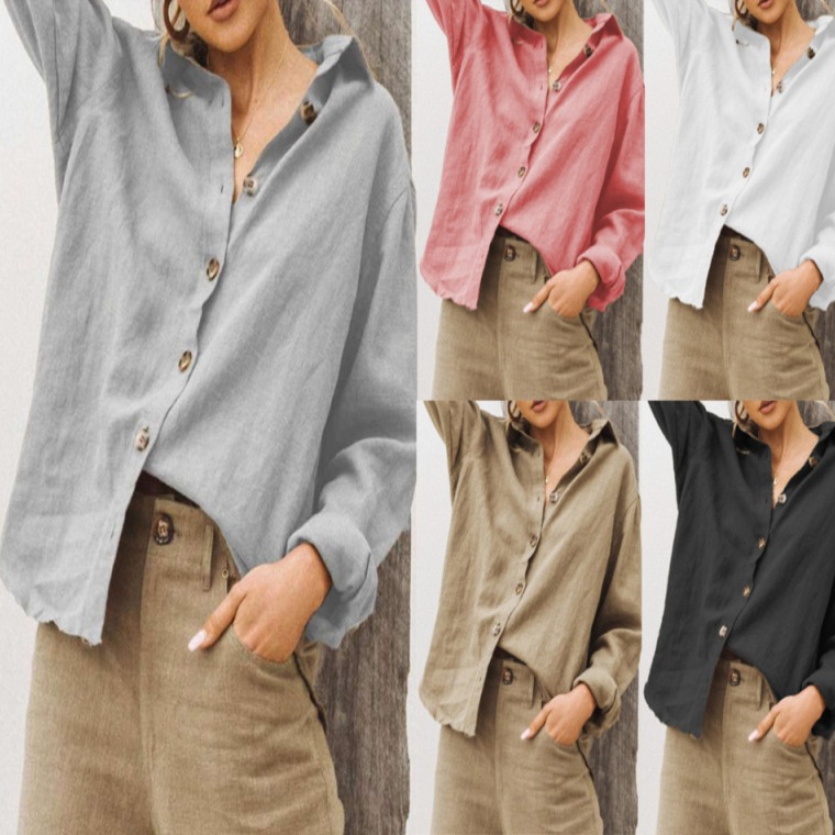 2026 spring and summer cross-border exclusive Amazon wish European and American fashionable lapel long-sleeved cotton and linen loose women's shirts
