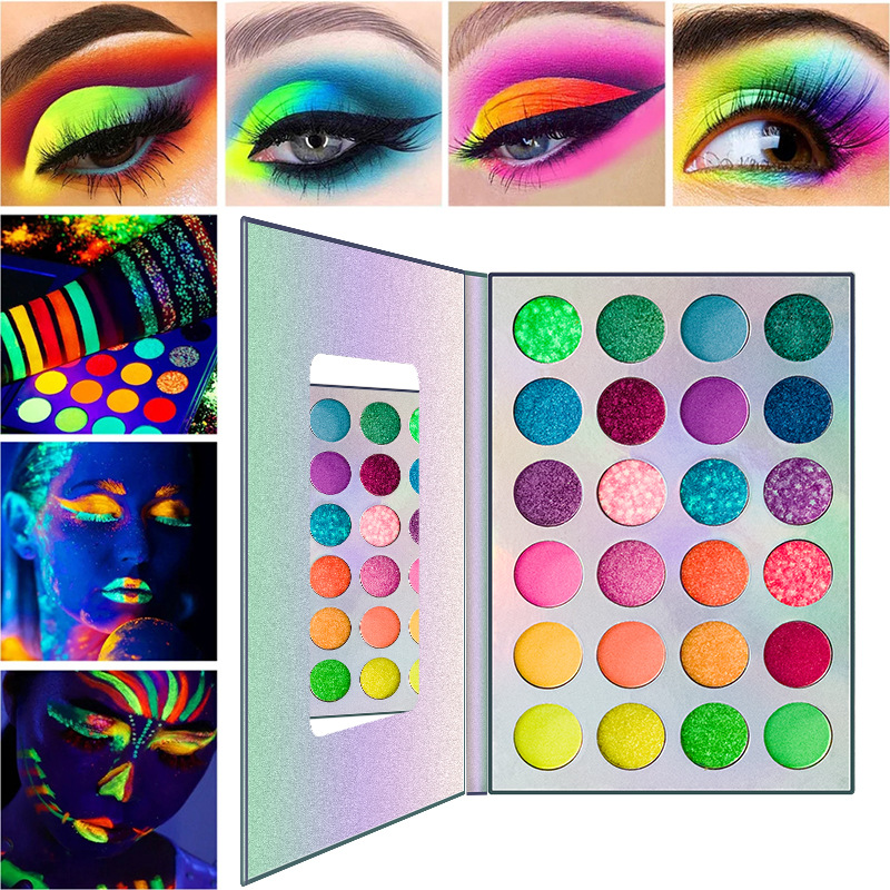 Spot wholesale luminous eye shadow colorful fluorescent powder makeup palette glitter eye shadow 24 colors eye shadow without logo