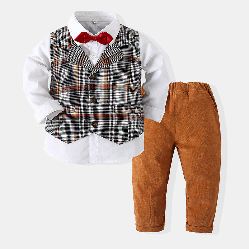 Boys gentleman dress suit spring and autumn new Japanese and Korean long-sleeved plaid autumn clothing children's party performance clothing children's clothing