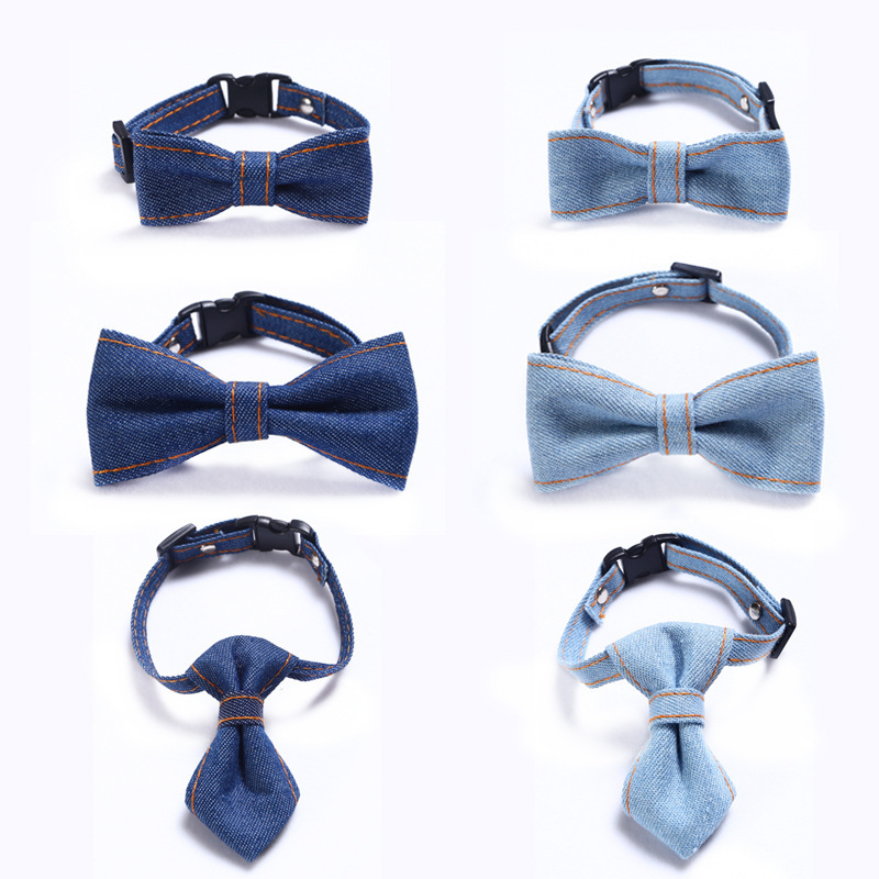 Pet denim bow tie collar for cats and dogs, adjustable tie collar, solid color denim pet accessories