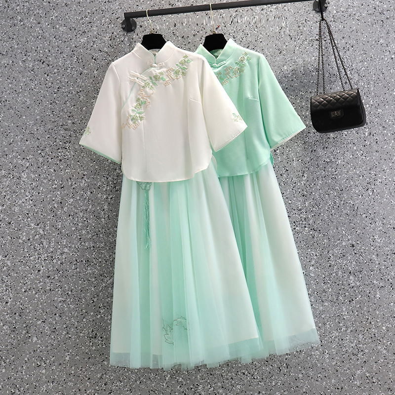 Summer improved Republic of China style cheongsam skirt Chinese style embroidered mesh skirt bestie tea dress Tang suit literary retro style