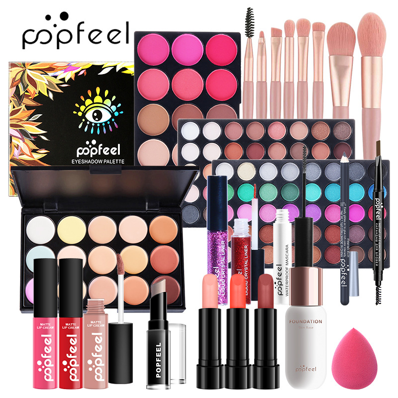 POPFEEL eye shadow, lip gloss, blush, foundation, lip gloss, lipstick, glitter makeup combo set KIT003D