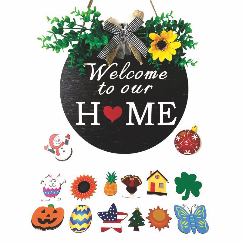 Seasonal Welcome Door Sign Round Wooden Front Door Sign Christmas Easter Holiday Porch Home Decor