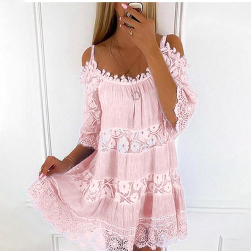 Cross-border Amazon princess style European and American dress off-shoulder lace suspender dress fashionable solid color loose dress