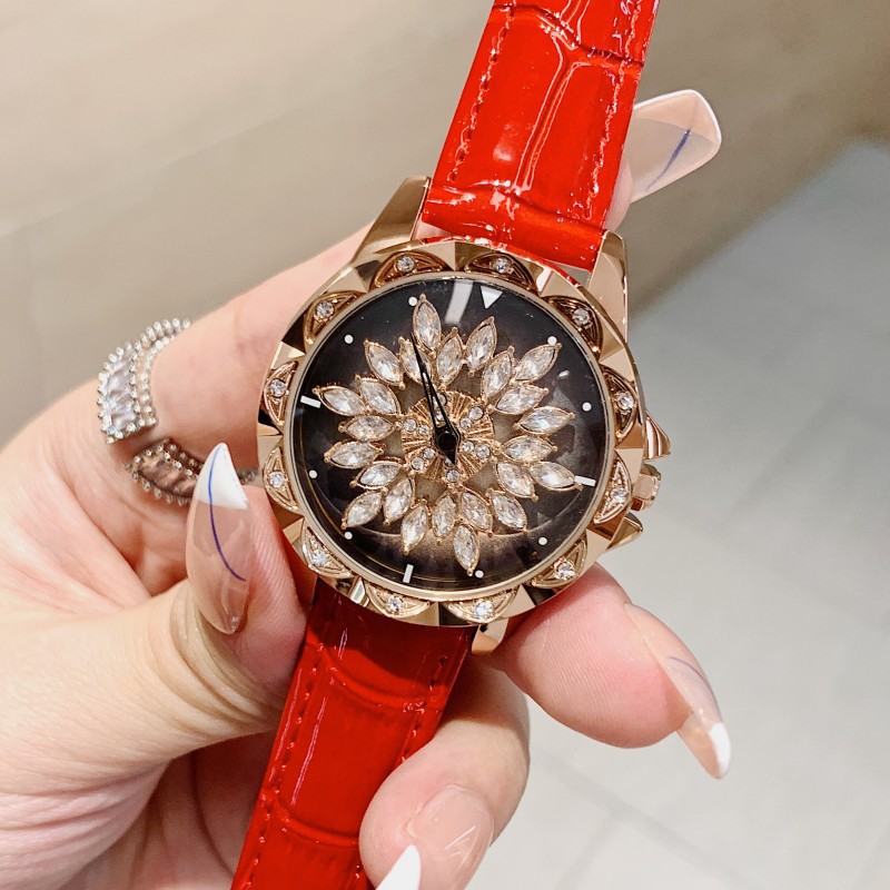 New Timini diamond-encrusted Korean style bright leather strap with rotating dial for women, trendy and fashionable watch for women