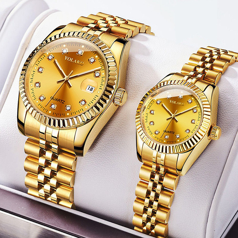 Diamond-encrusted steel band calendar watch for women simple casual student fashion quartz gold suit men's watch couple