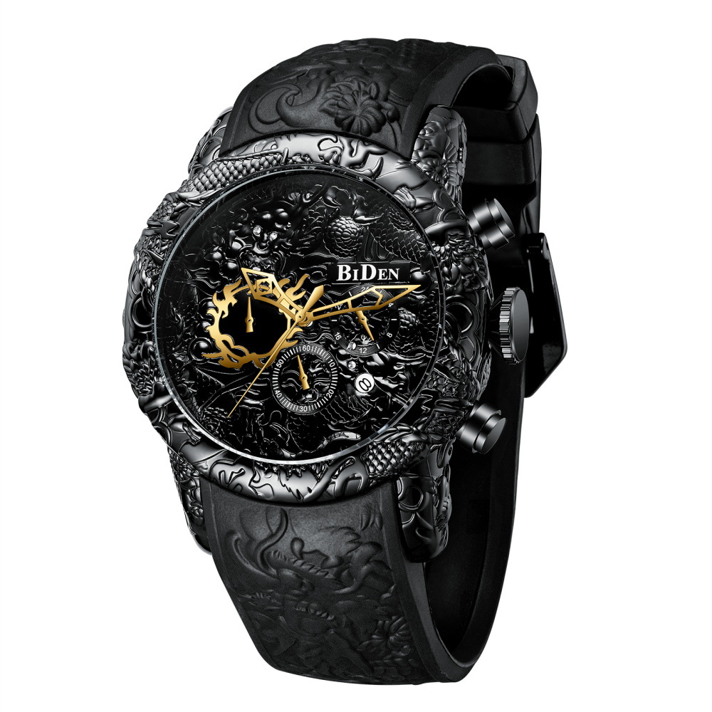 BIDEN Men's Watch Chronograph Waterproof Date Analog Quartz 3D Dragon Design Frog Tape Custom Watch