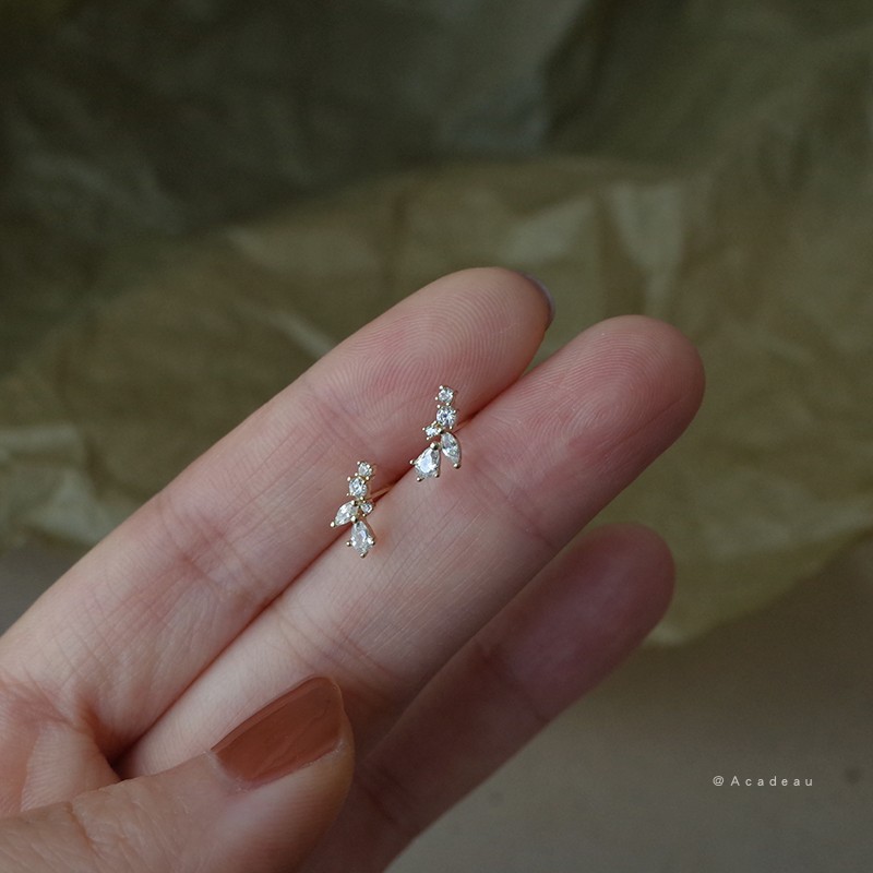 Mini wheat ears ~ 10K gold-plated K gold earrings, cute leaf zircon, Japanese and Korean style temperament women's earrings