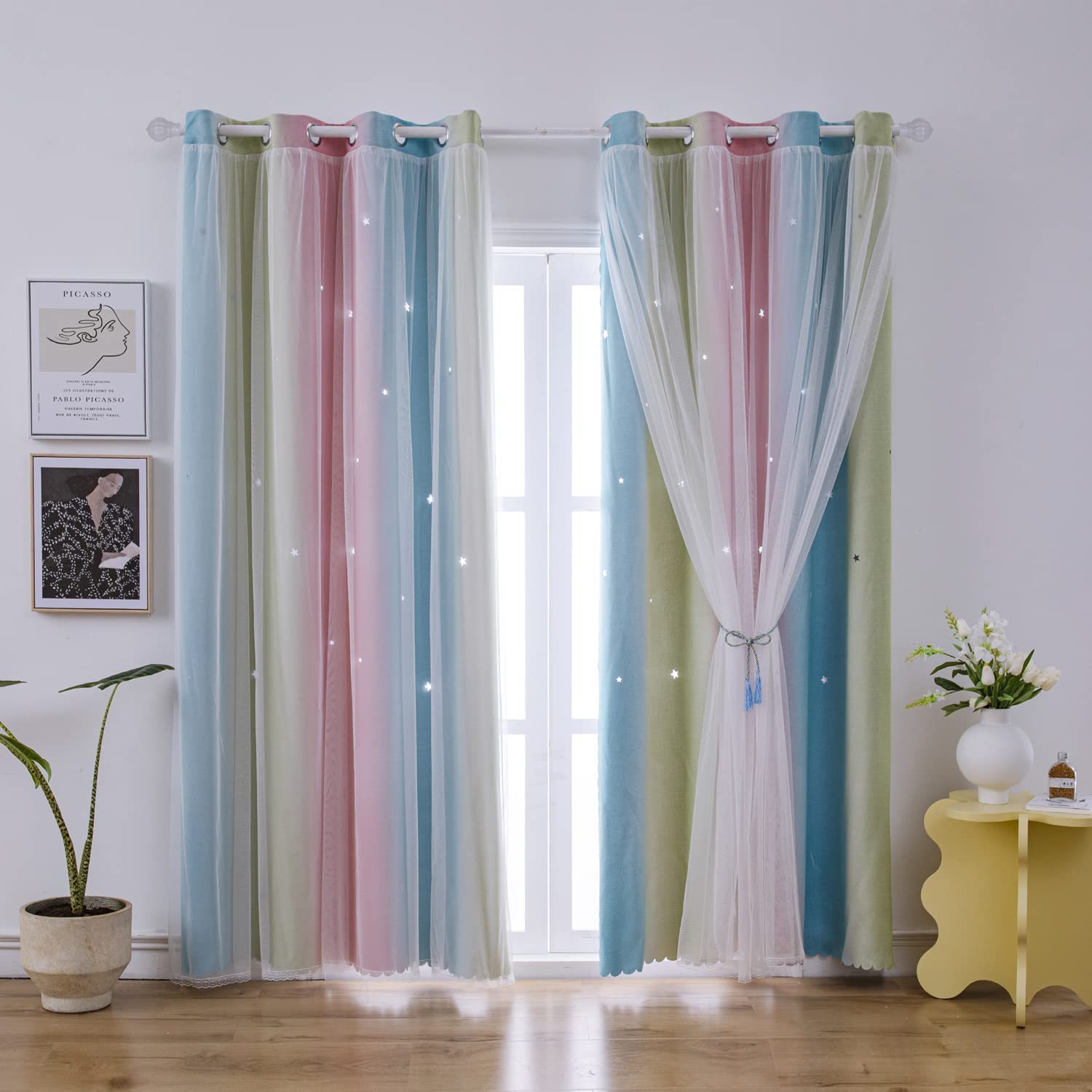 Hot style punched gradient hollow star printed fabric plus yarn double layer blackout curtain factory cross-border foreign trade curtain batch