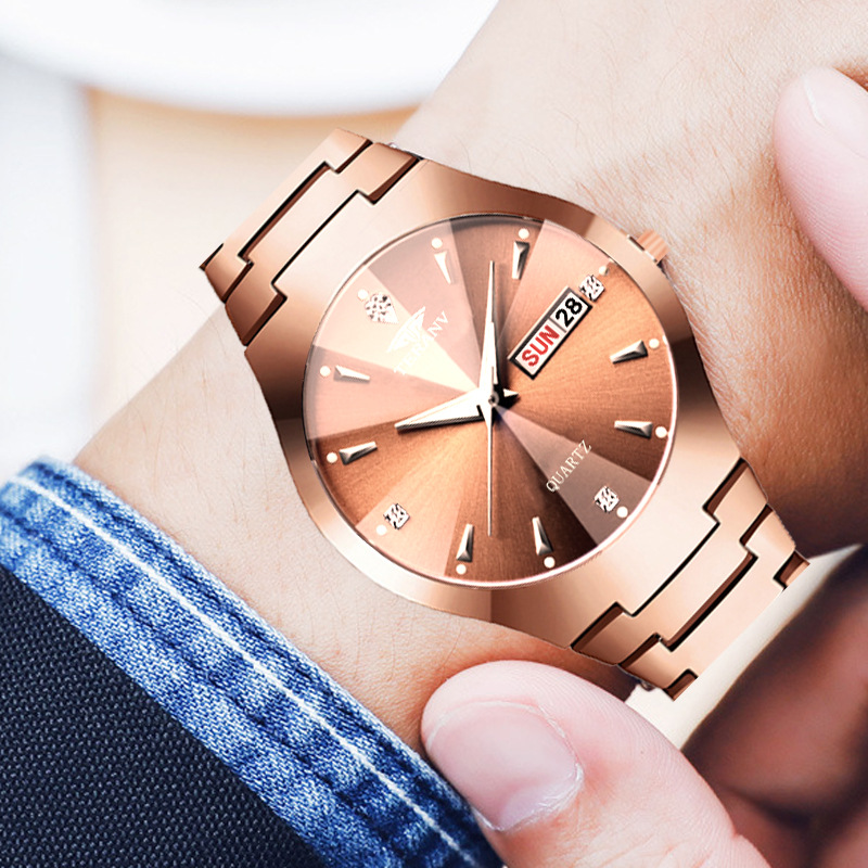 Fashion rose gold men's and women's watches fashion watches couple watches calendar luminous waterproof tungsten steel watch