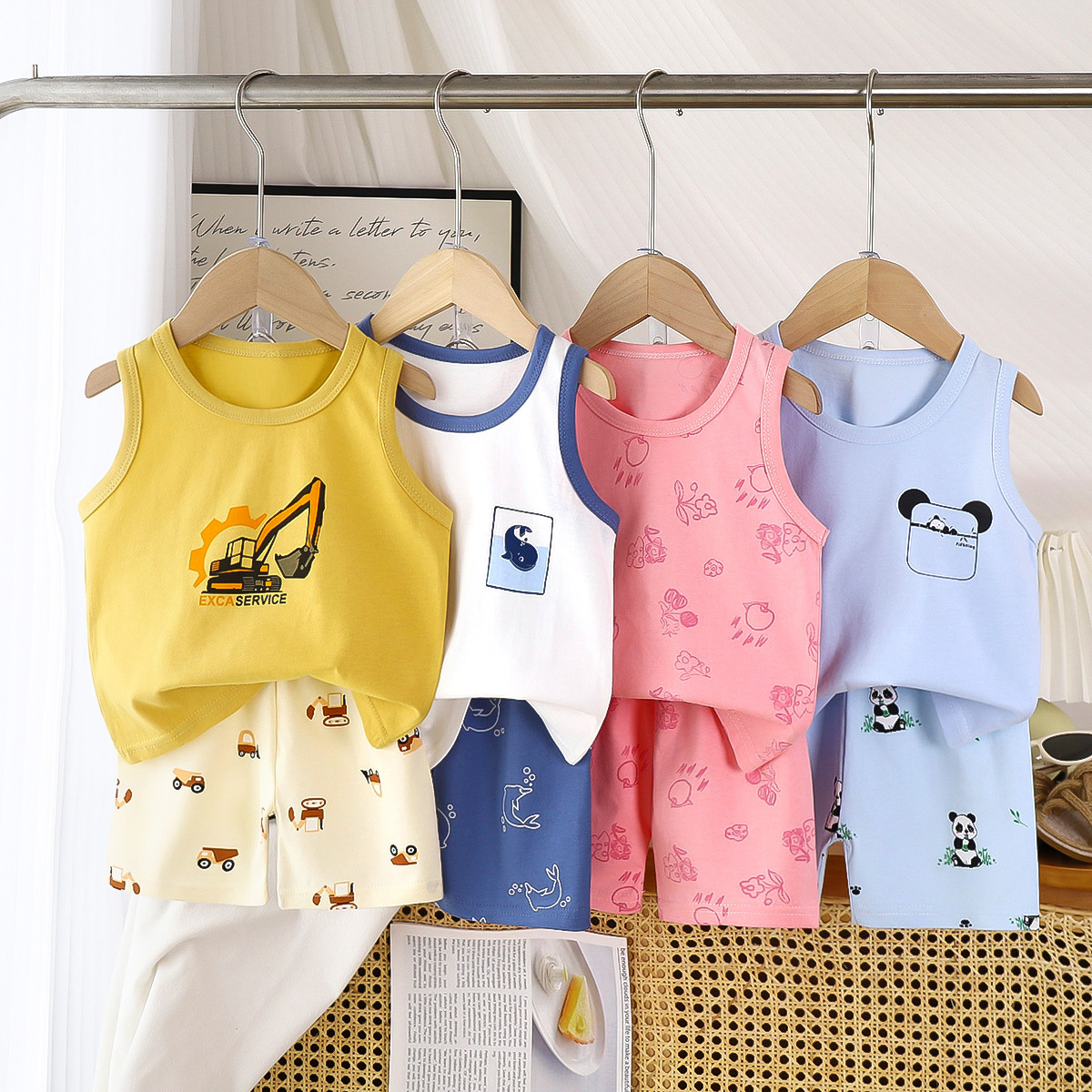 Children's vest suit short-sleeved pure cotton summer 2025 boys sleeveless clothes baby clothing wholesale pure cotton breathable