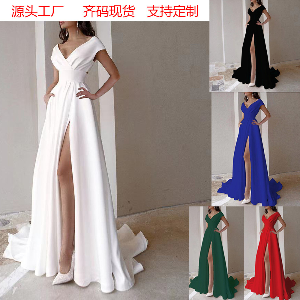 2026 cross-border chest-wrapped ruffled red, black and white mid-waist solid color temperament commuter long skirt dress evening dress