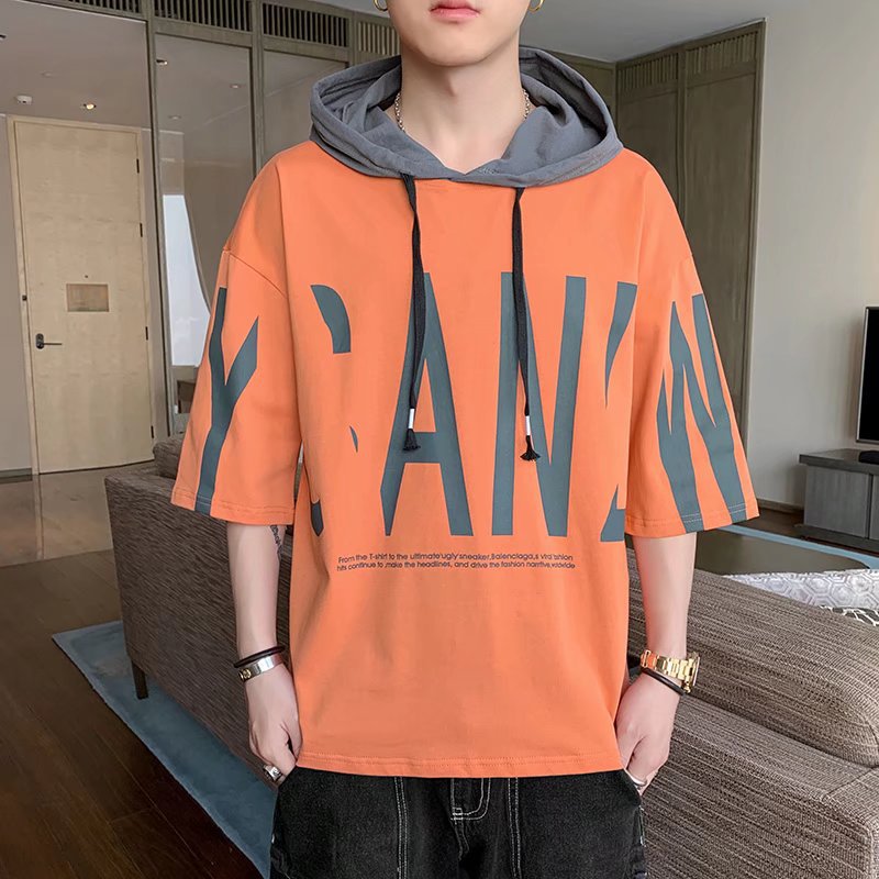Hooded short-sleeved sweatshirt men's summer trend Korean casual 2022 workwear half-sleeved T-shirt student handsome top
