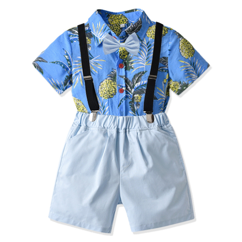 Boy's Bow Short Sleeve Shirt Overalls Suit Children's Beach Performance Party Dress Summer Dropshipping