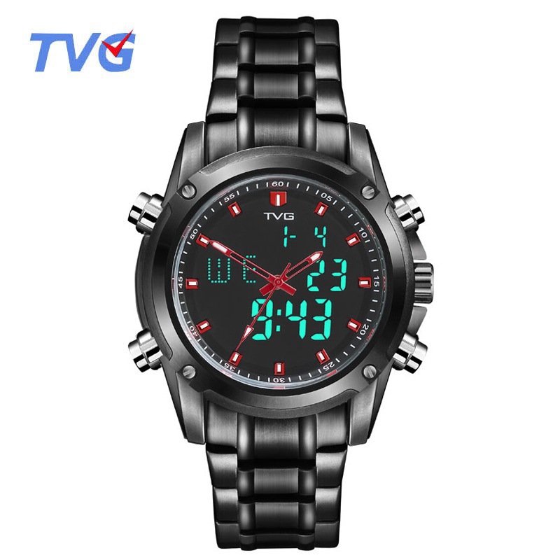 TVG dual display led digital analog quartz watch waterproof multifunctional sports watch men's black