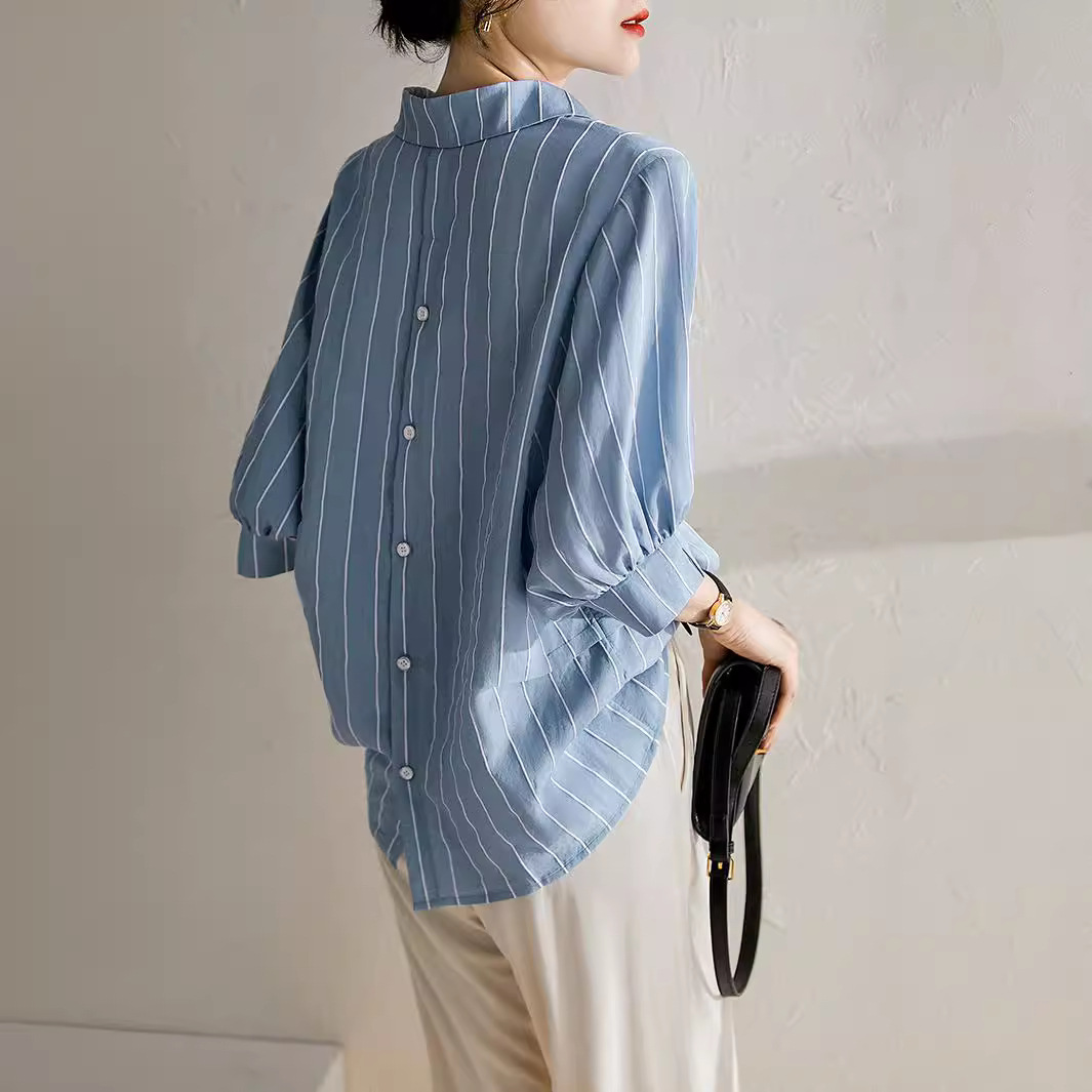 Striped shirt women's three-quarter sleeve summer 2022 new style blue western-style shirt feminine chic design top
