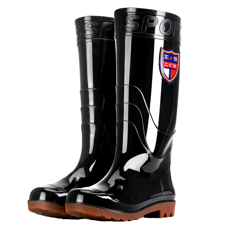 Men's military high-top water shoes, tendon soles, waterproof, non-slip, velvet rain boots, men's construction site warm rain boots, kitchen water boots