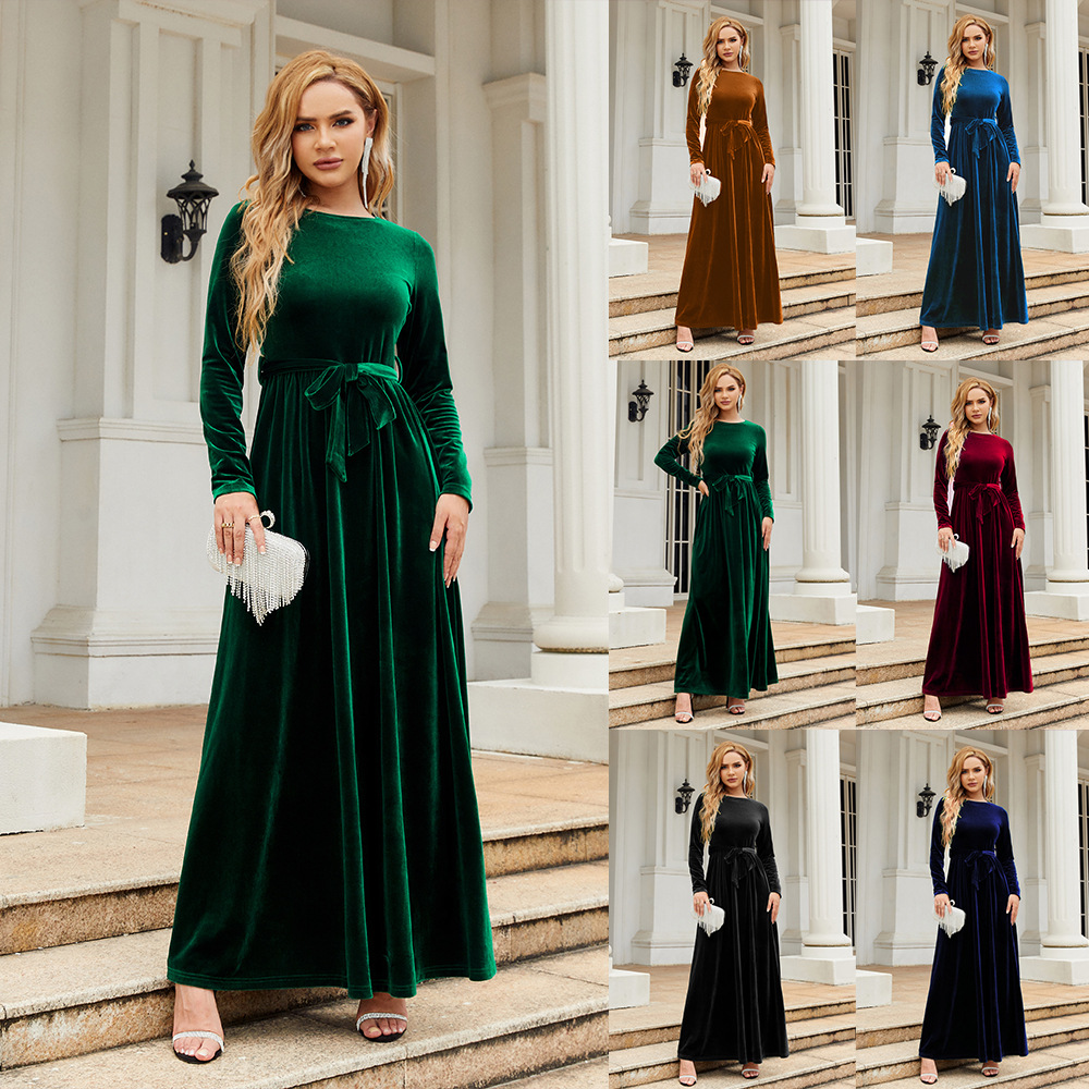 European and American 2025 autumn and winter elegant lady style long dress gold velvet solid color high-end dress
