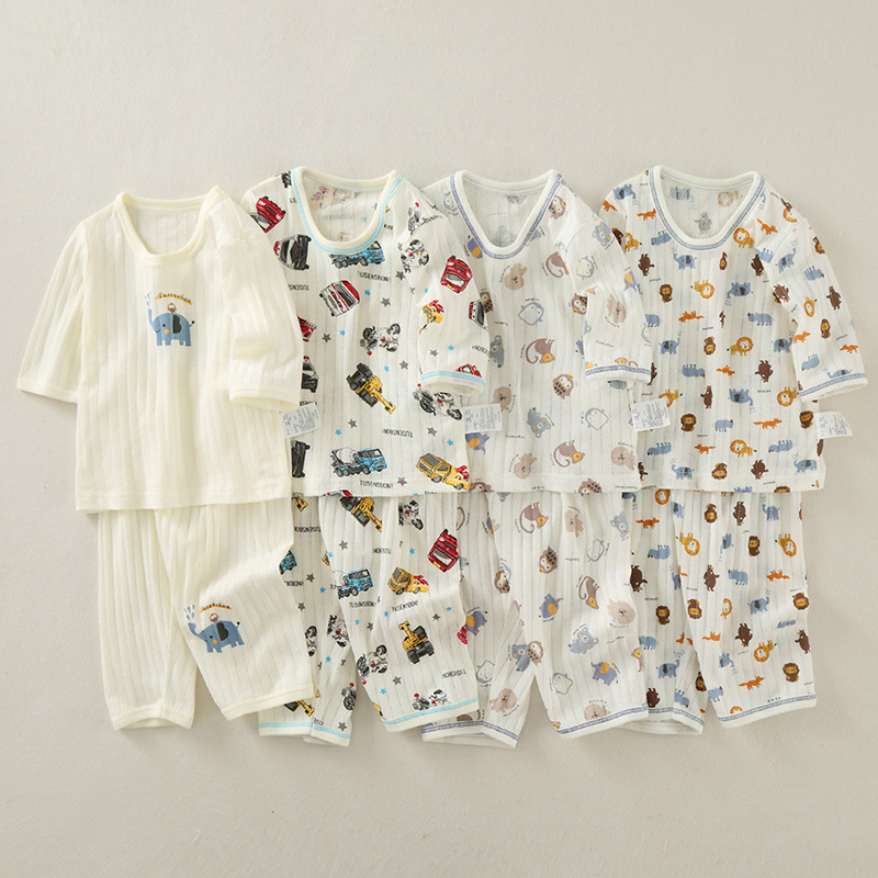 Summer children's pure cotton suit children's thin casual home clothes baby air-conditioning suit boy's cropped pants suit