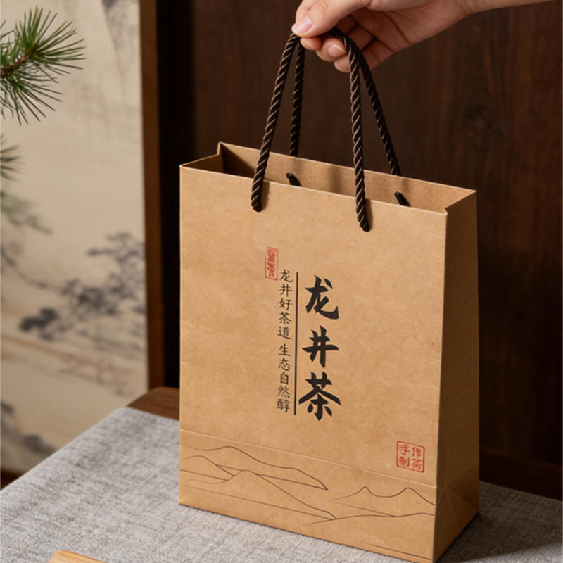 Mingqian Longjing handbag Longjing tea universal gift bag Shifeng Longjing paper bag tea packaging thickening wholesale
