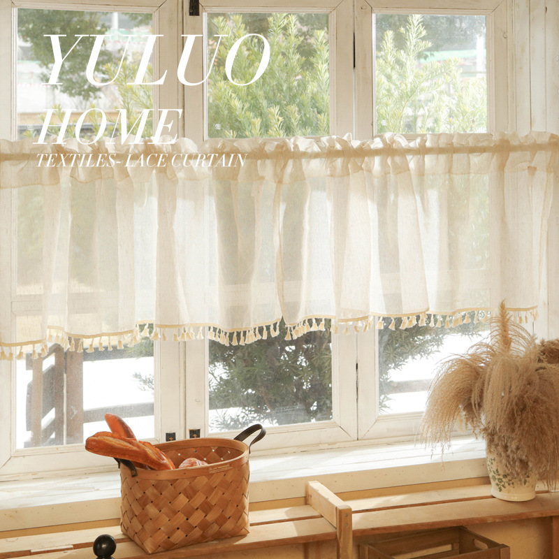 French lace gauze half curtain short curtain Velcro no punching Japanese linen yarn kitchen small curtain door curtain finished product
