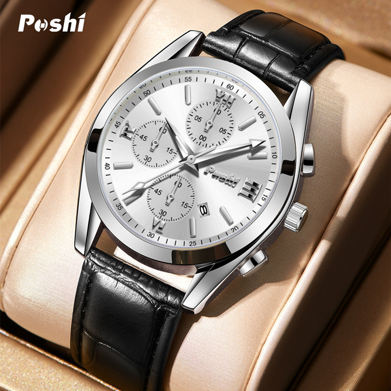POSHI brand fashion men's quartz watch, high-end business waterproof watch, genuine leather men's waterproof watch