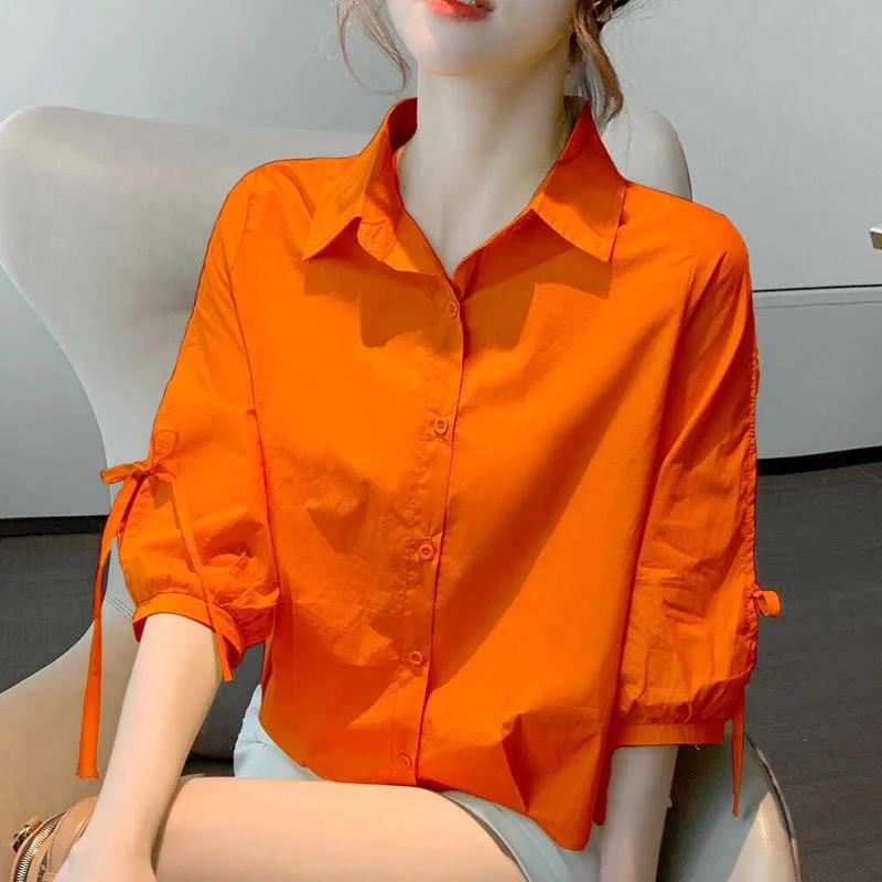 Mid-sleeve shirt for women, summer fashion, new style, loose and breathable top, five-point lantern sleeve shirt, women's short-sleeved shirt