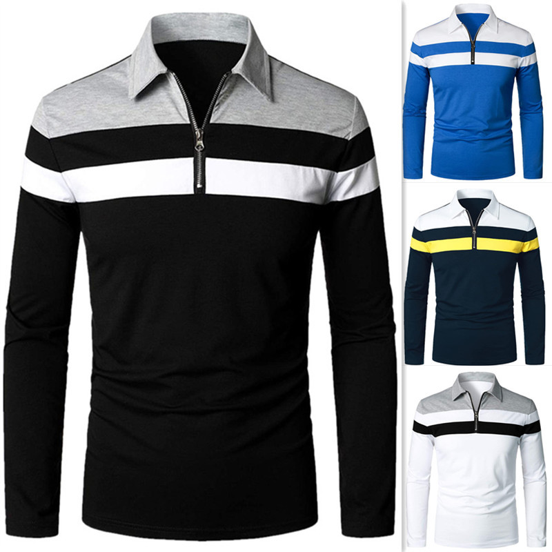 Cross-border men's long-sleeved Polo shirt casual slim shirt contrasting color stitching T-shirt tops foreign trade men's clothing