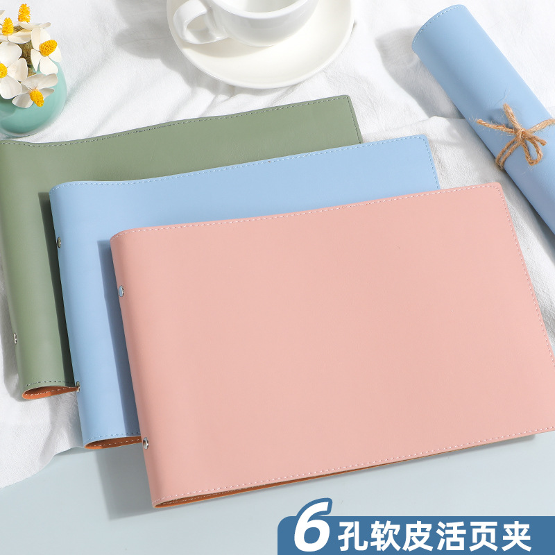 A4 soft leather binder horizontal leather 6-hole clip loose-leaf buckle detachable high-value folder shell