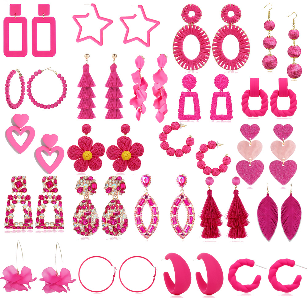 European and American cross-border new earrings Barbie pink best-selling set rose red geometric versatile holiday style summer earrings for women