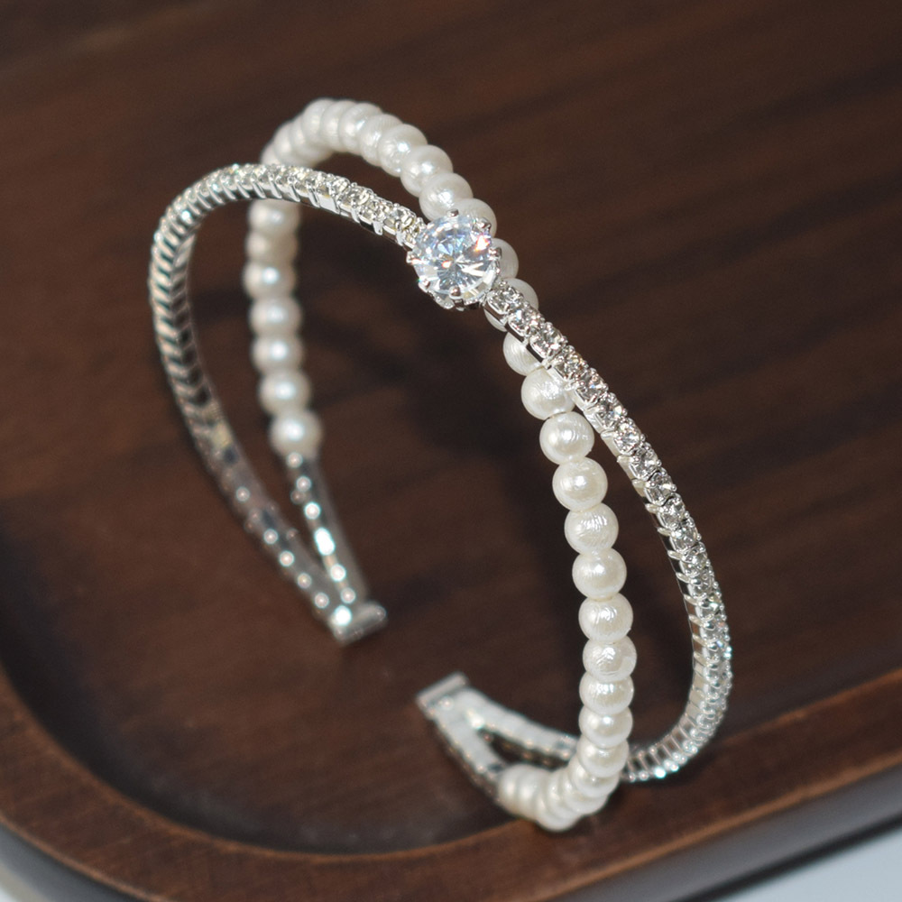 Pearl rhinestone zircon cross open bracelet simple diamond bracelet for women new light luxury French niche 1185
