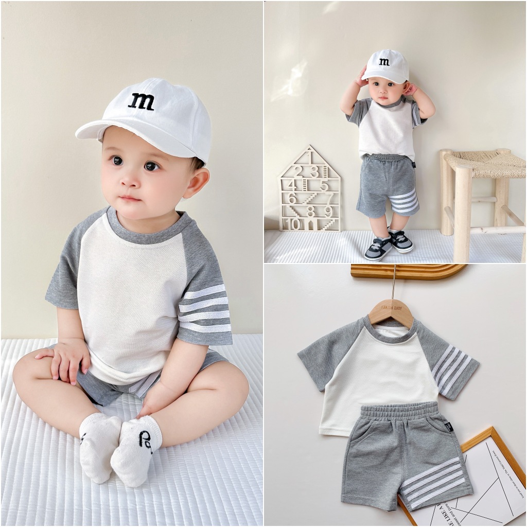 ins children's suit Korean style four-bar summer raglan sleeve short-sleeved top men's and women's baby shorts go out to match the trendy colors