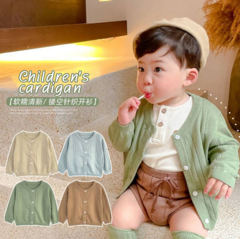 Children's soft and thin coat, baby boy's knitted cardigan, baby hollow solid color sunscreen air-conditioned shirt, drop shipping