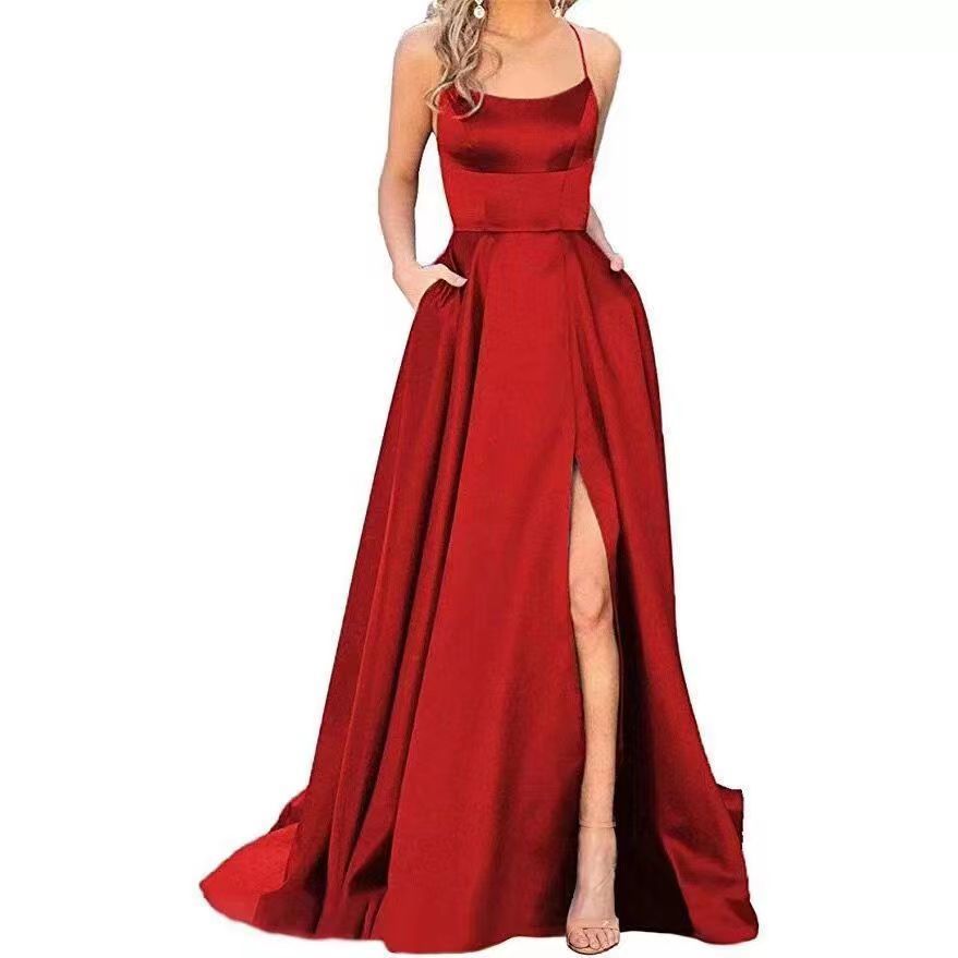 2025 European and American cross-border new party bridesmaid dresses solid color off-shoulder long skirt small tail banquet evening dress