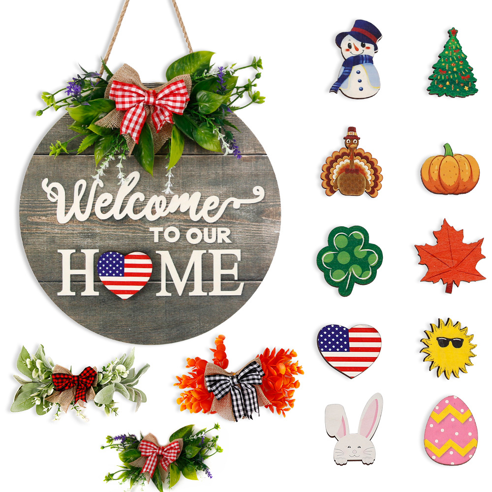 Round Wooden Hanging Sign Holiday Party Decoration DIY Replaceable Pattern Wooden Sign Seasonal Sign Welcome Door Sign