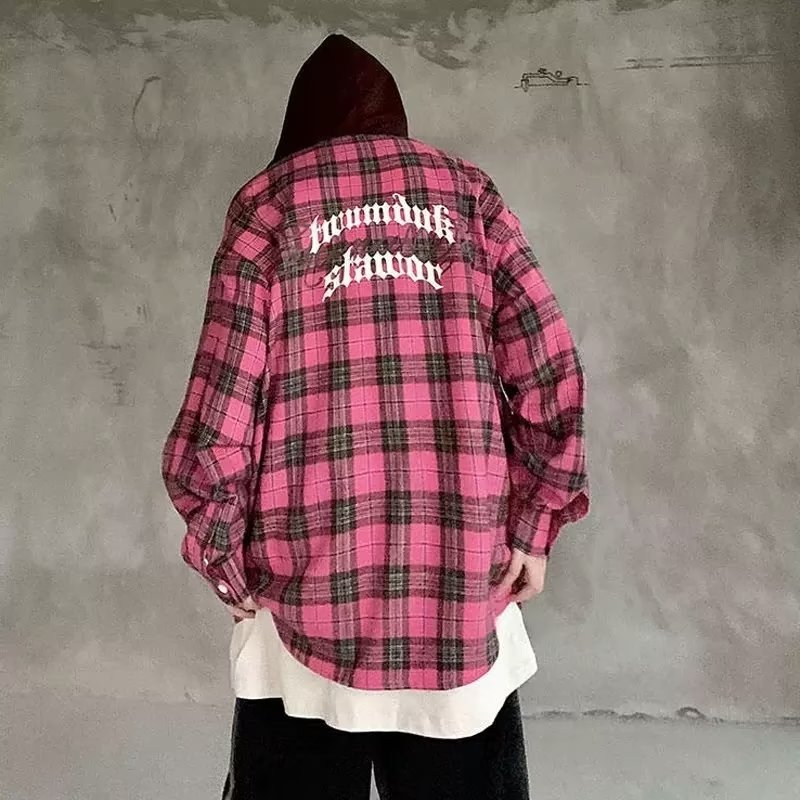 American retro plaid hooded shirt men's spring and autumn trendy high street long-sleeved lining work jacket oversize niche
