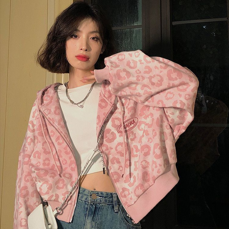 2025 pink leopard print short cardigan jacket for women spring and autumn new loose Hong Kong style retro hooded sweatshirt trend