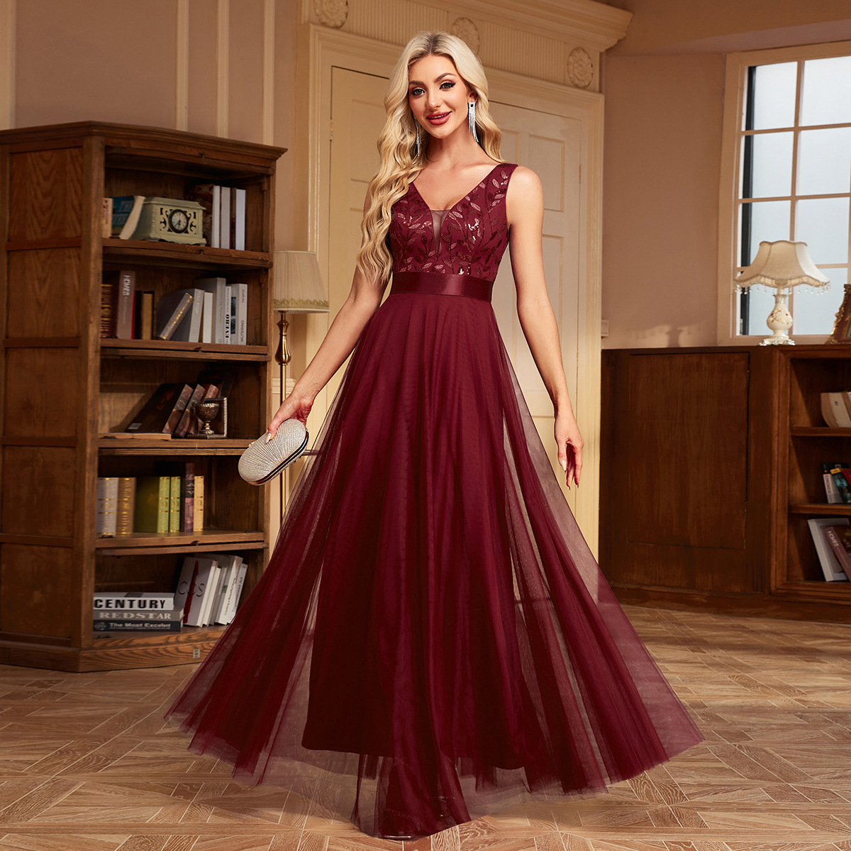 26 multi-color spliced ​​elastic waist sleeveless double V-neck evening dress tulle embroidered long elegant A full swing party dress