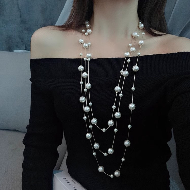 Korean Fashion Long Pearl Necklace Feminine Light Luxurious High-end Sweater Chain Versatile Autumn and Winter Necklace Wholesale