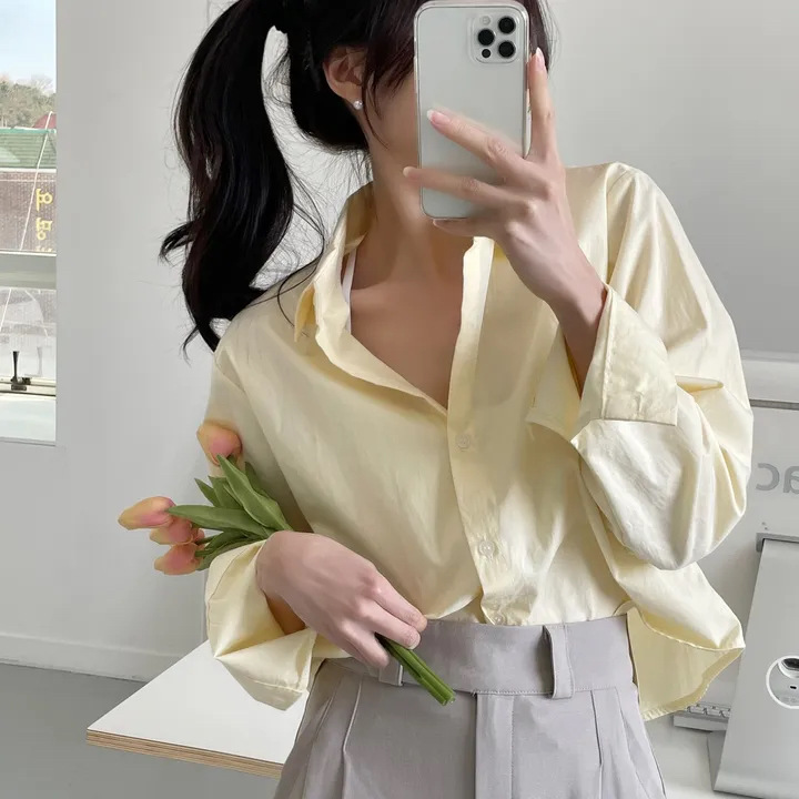 Korean chic thin white shirt women's spring and autumn design niche loose small top shirt