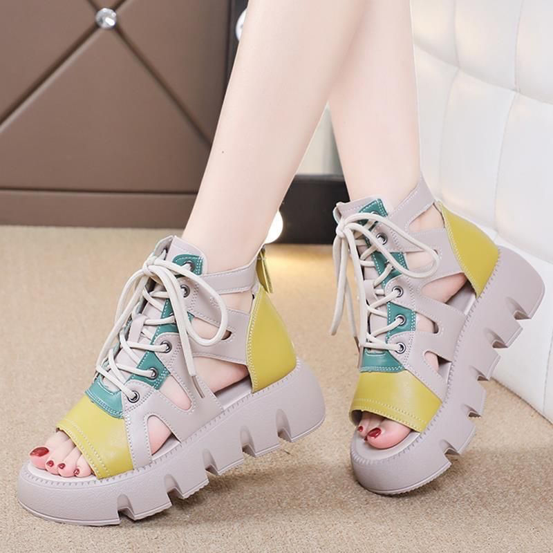 Sandal boots women's retro thick-soled sandals lace-up fashion hollow sandals 2026 summer new style breathable casual platform shoes